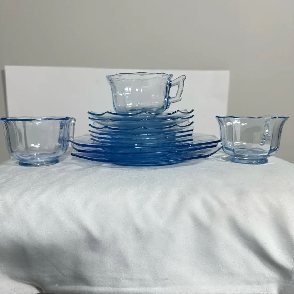 Cambridge Vintage Glass DECAGON Moonlight Blue  Cups, Saucers & Plates Set 12